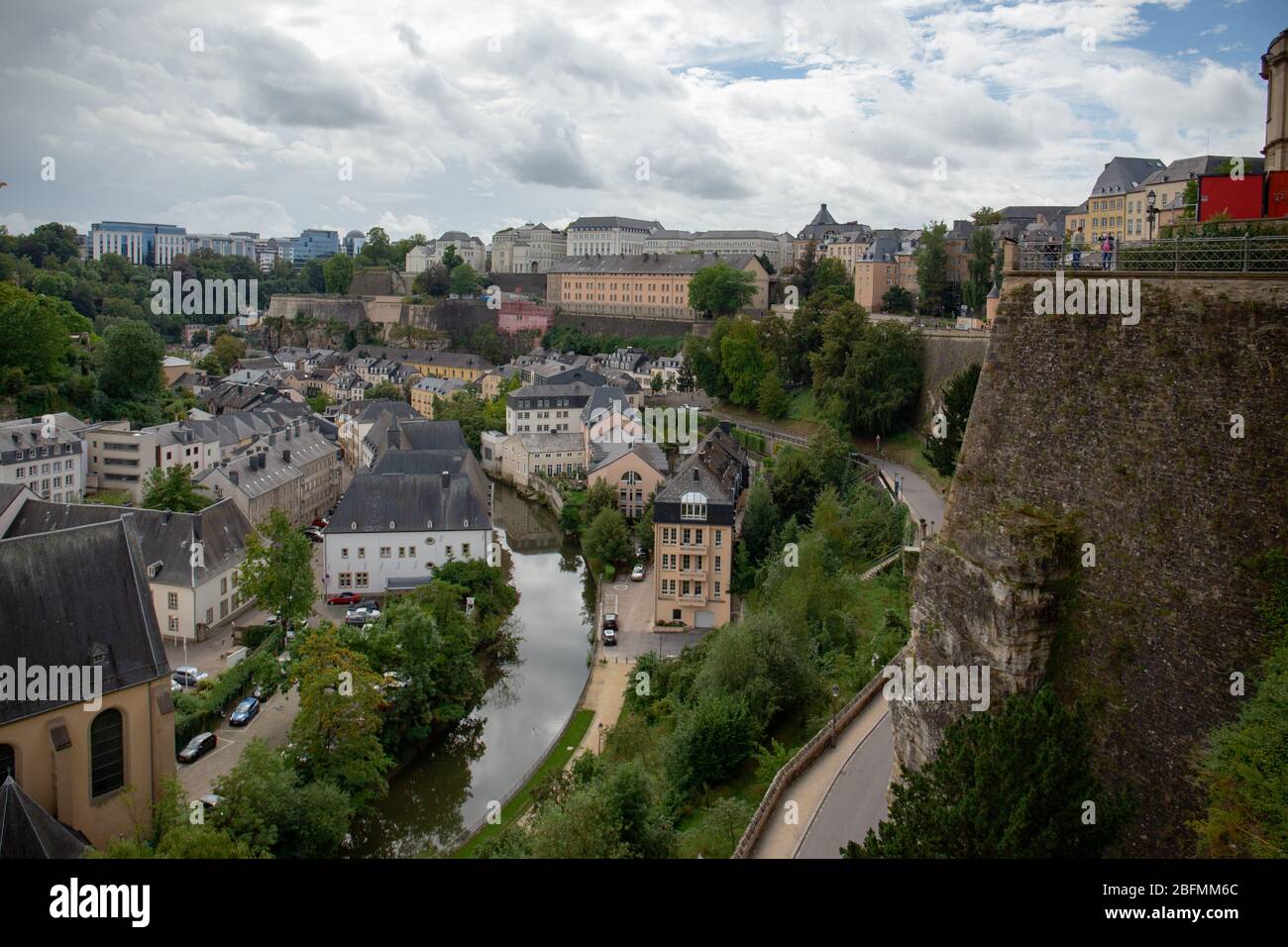 Partial view of the city of Luxembourg and its old fortified medieval city that is located on steep cliffs. Stock Photo