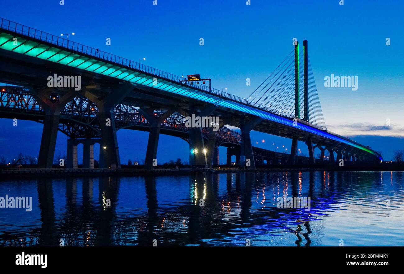 Montreal,Quebec,Canada,April 7 2020.The new Champlain bridge crossing the St-Lawrence river.Credit:Mario Beauregard/Alamy News Stock Photo