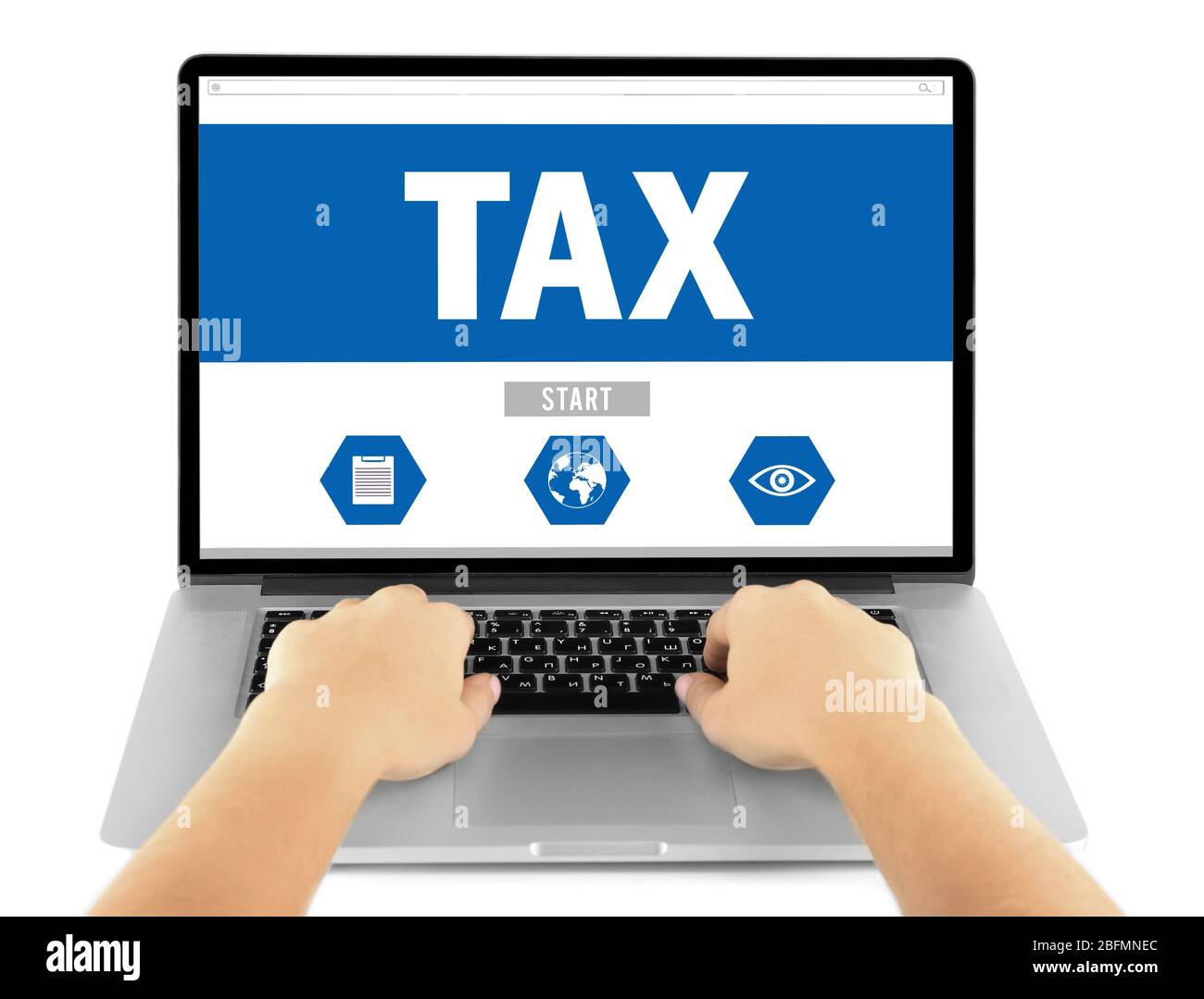 Online Tax payment concept. Female hands working on laptop, isolated on