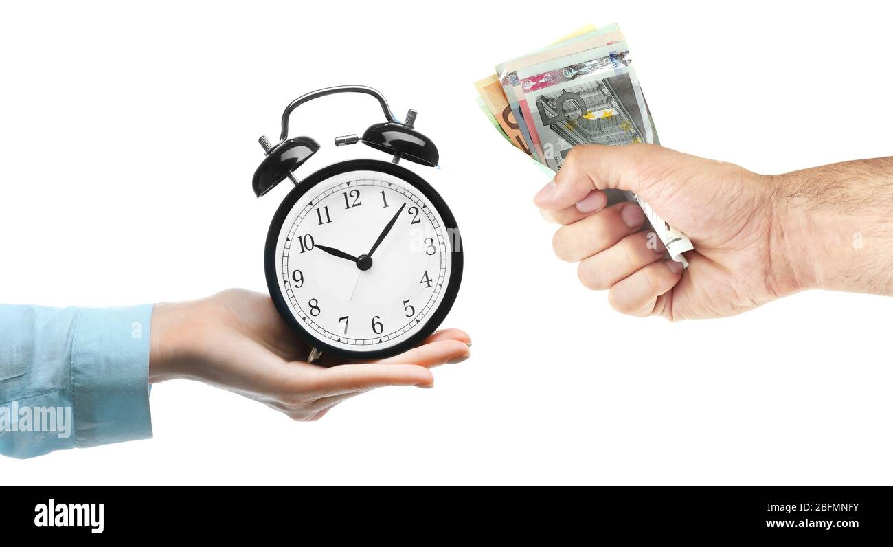 Time is money. Buying time. Hand with money and hand with alarm-clock ...