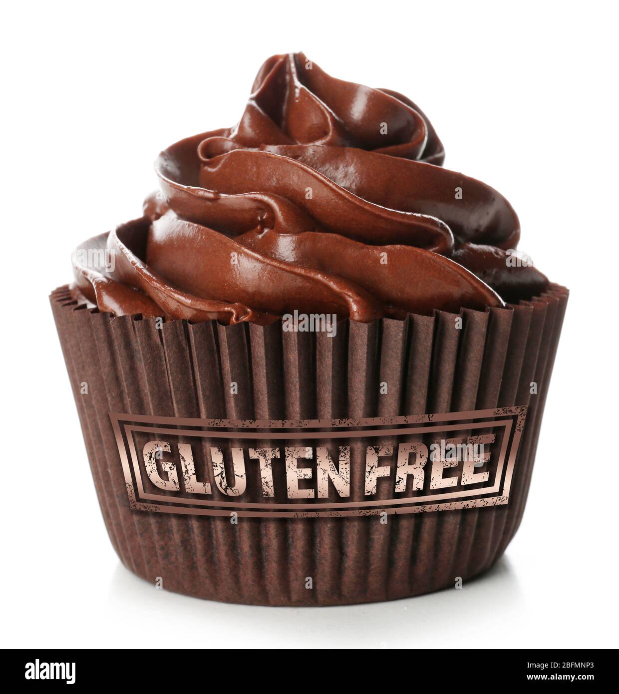 Chocolate cupcake and gluten free sign with text on white background ...