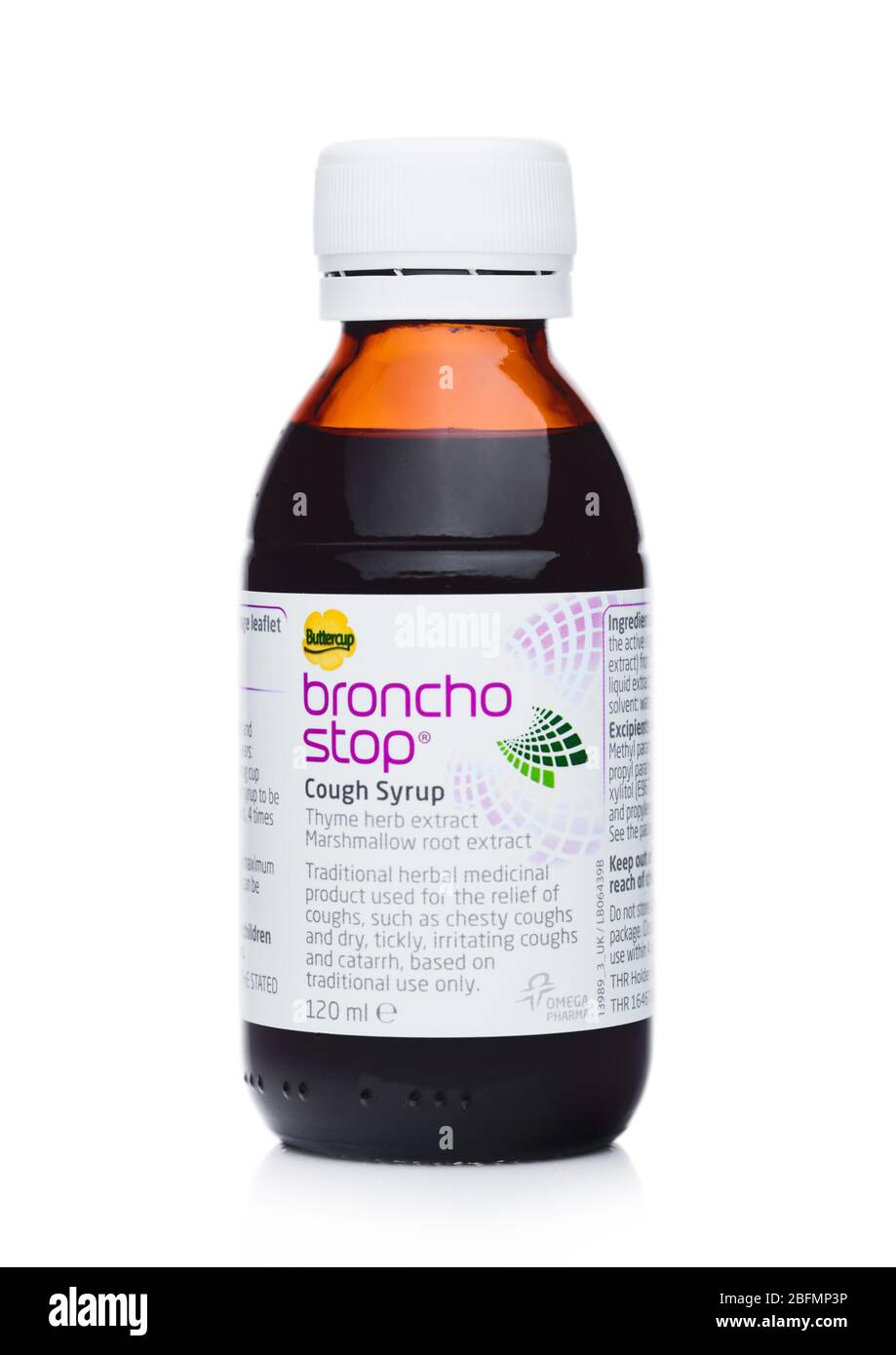 LONDON, UK - APRIL 05, 2020: Glass Bottle of Bronchostop cough syrup with herb extract on white background. Stock Photo