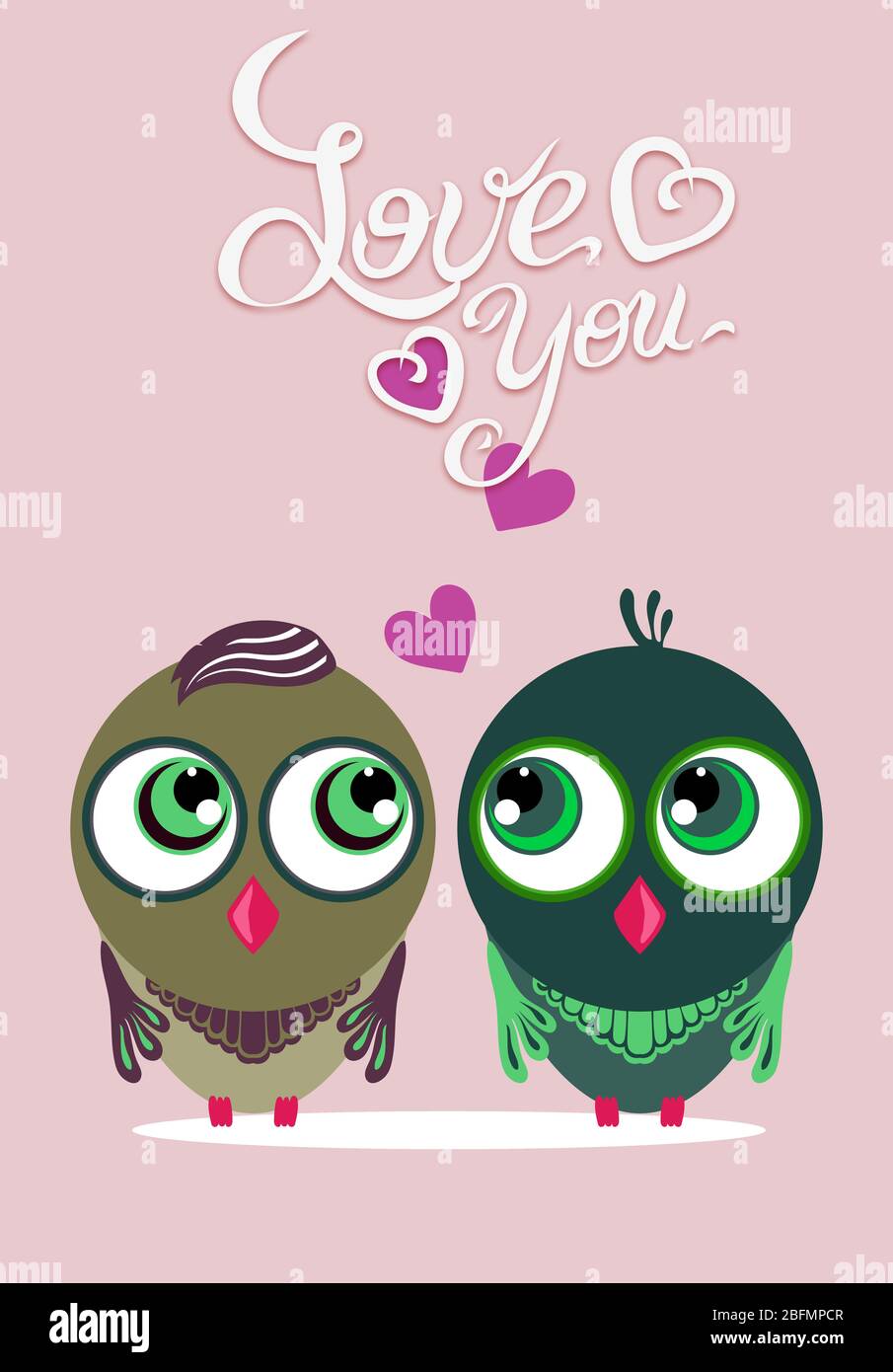 Cute cartoon animals couple fall in love, vector illustration Stock