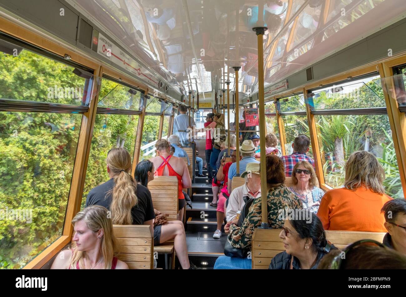 Passengers on the Wellington Cable Car, Wellington, New Zealand Stock Photo
