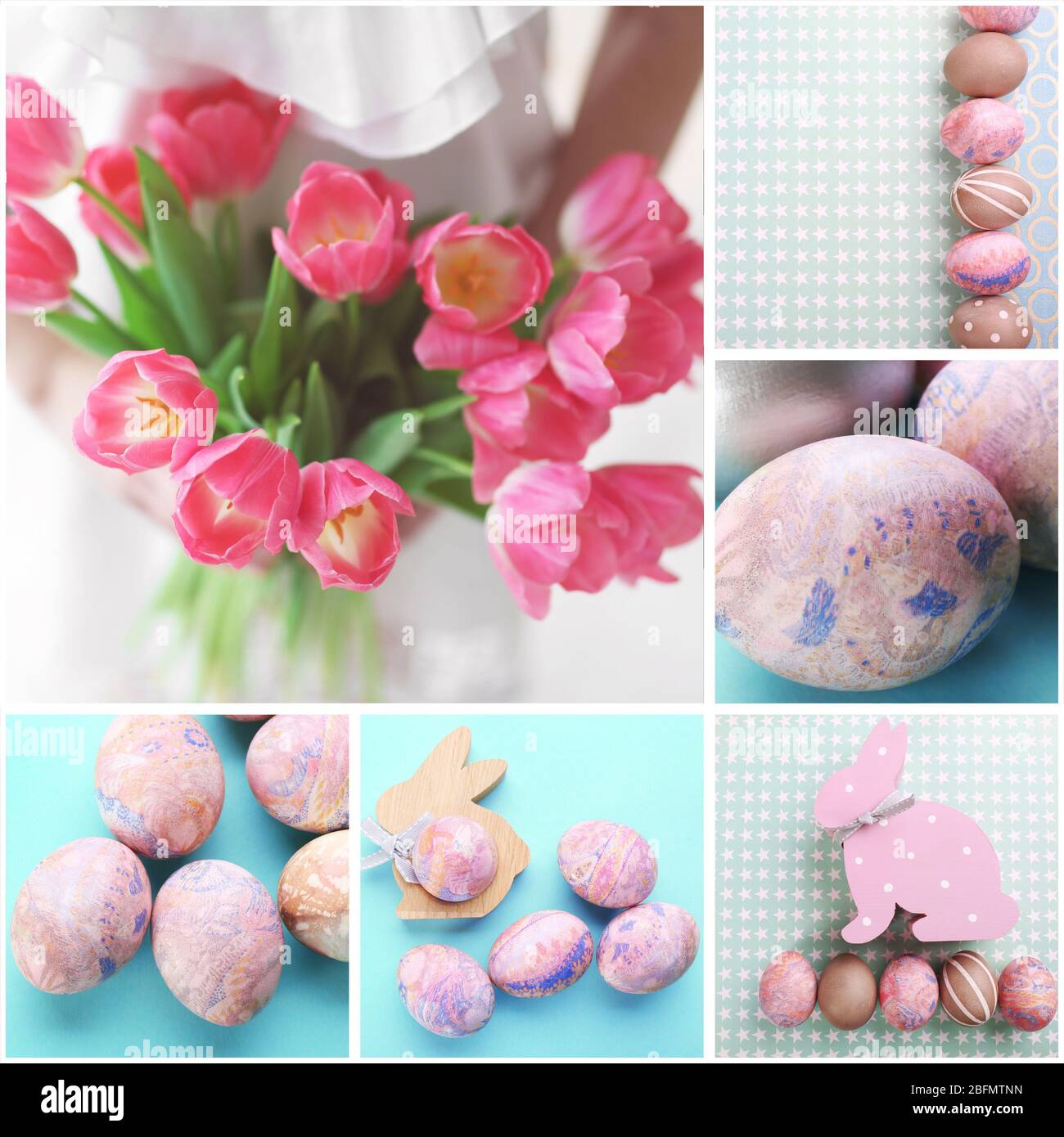 Spring Easter Collage Easter eggs with spring flowers in collage Stock Photo - Alamy
