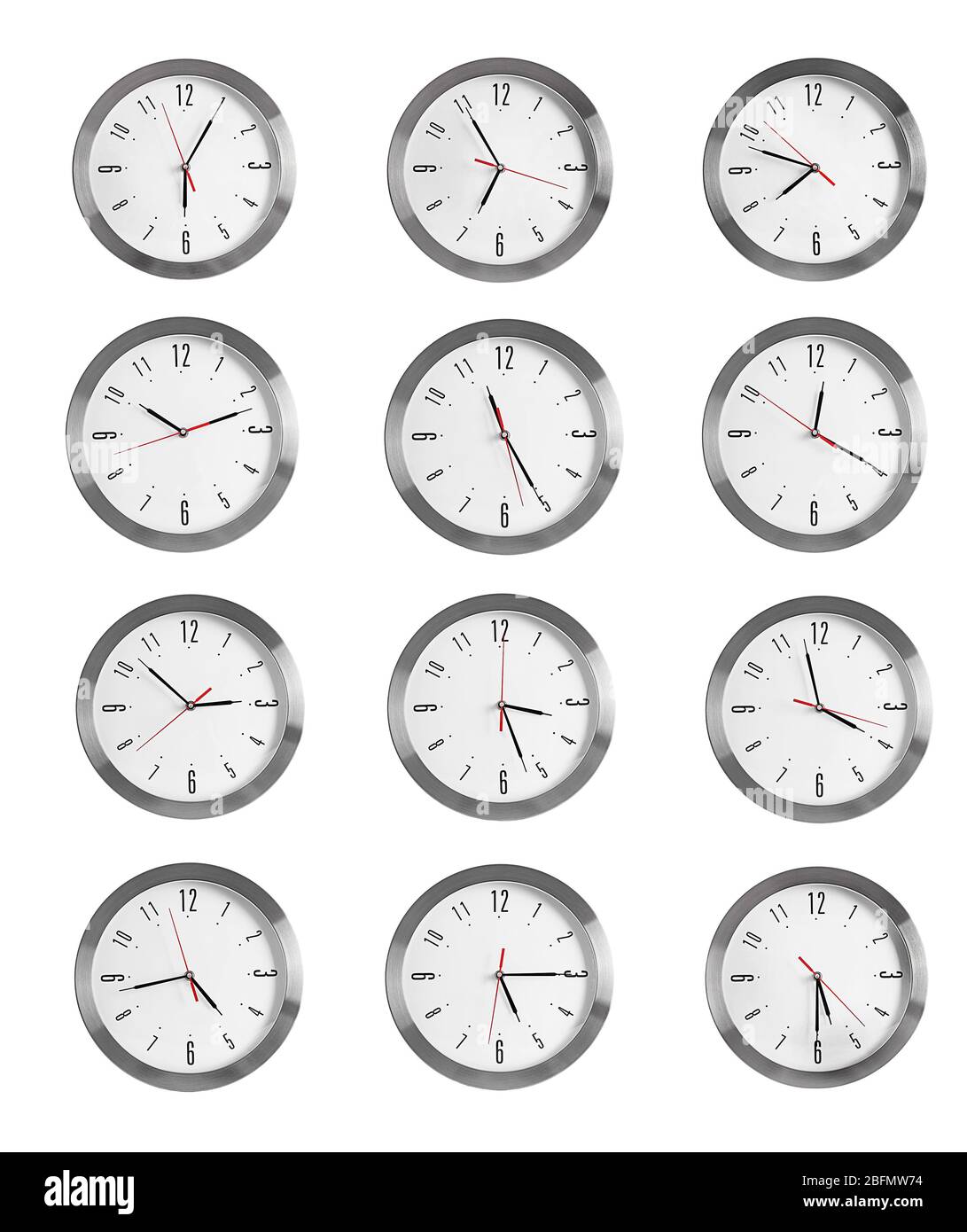 Collage of round wall clocks, isolated on white Stock Photo Alamy