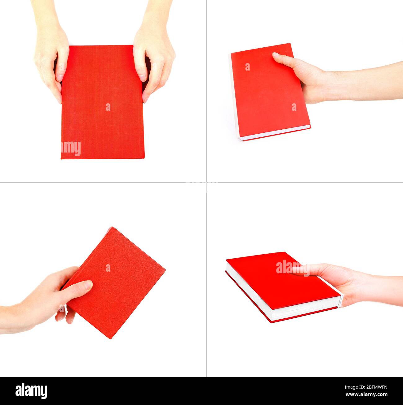 Hand holding bright red book isolated on white in collage Stock Photo