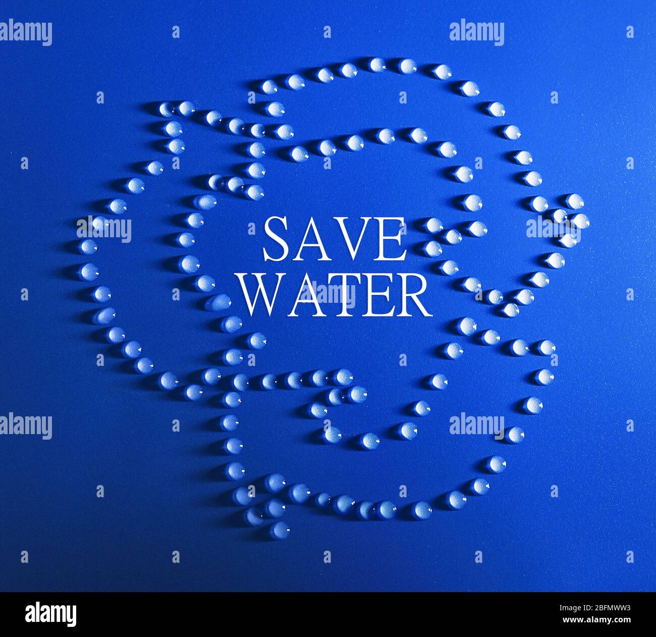 Save water concept. Recycle sign made of water drops and text on blue