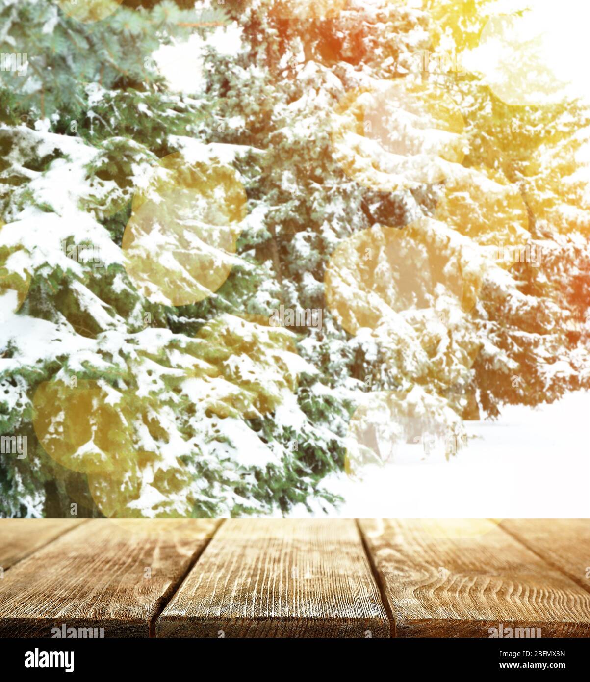 Beautiful winter background with shabby table Stock Photo