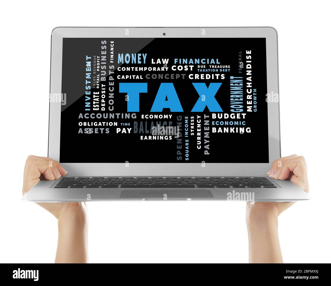 Tax Concept Modern Laptop In Hands Isolated On White Stock Photo Alamy