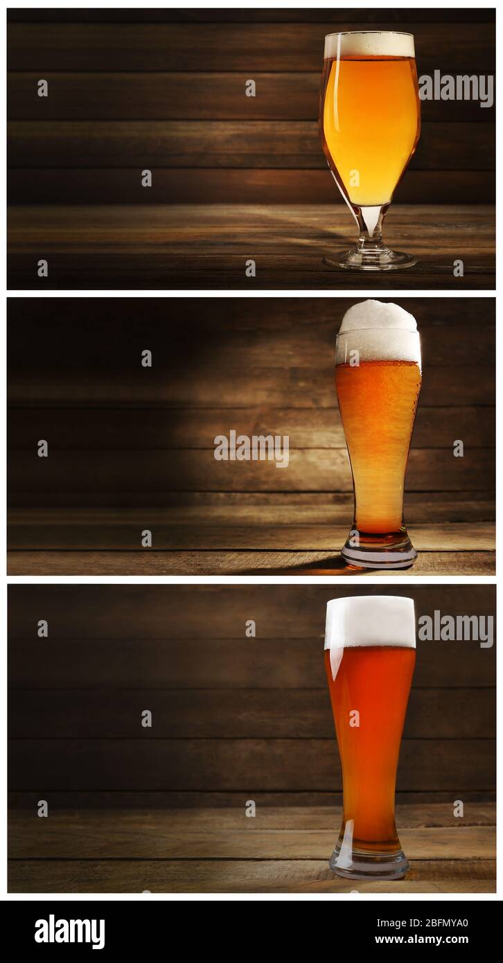 Collage with glasses of beer on table on wooden background Stock Photo