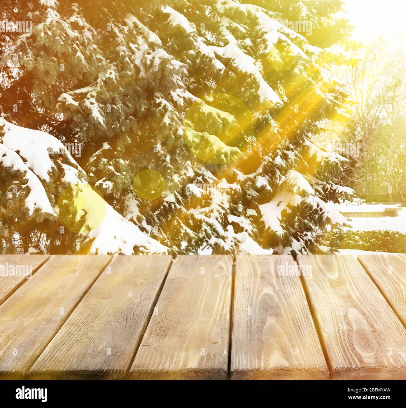 Beautiful winter background with shabby table Stock Photo