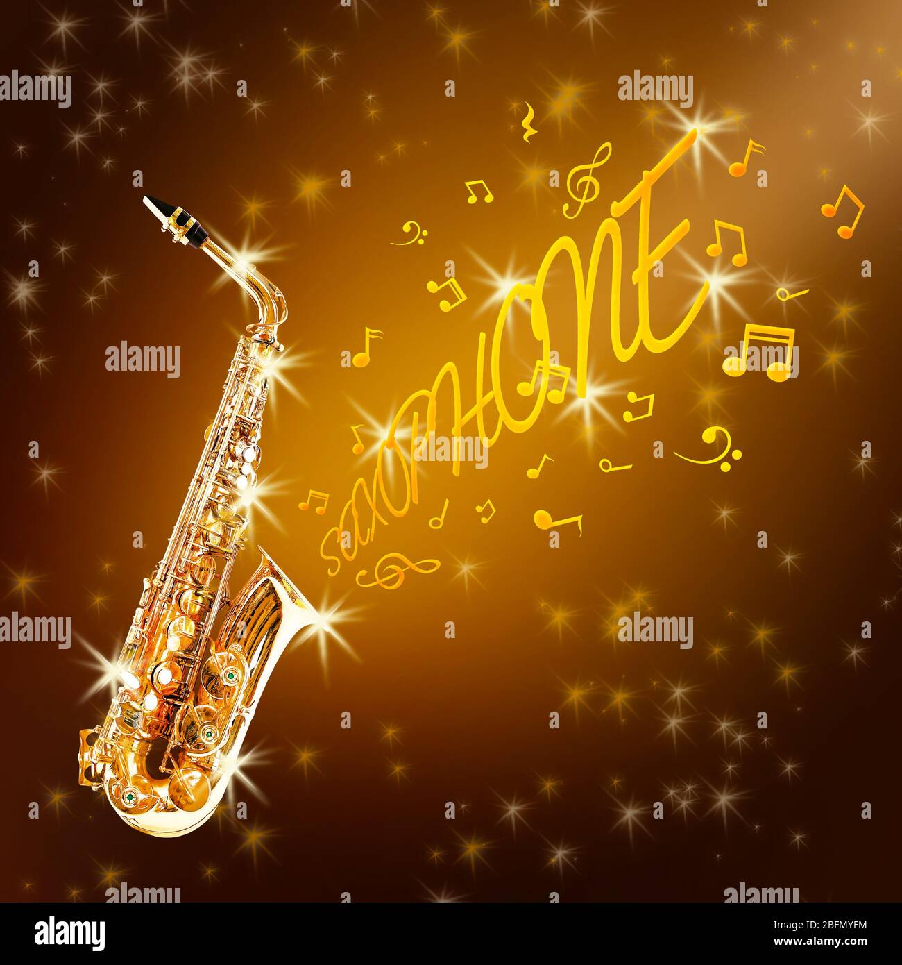 Golden saxophone and notes against shiny background Stock Photo - Alamy