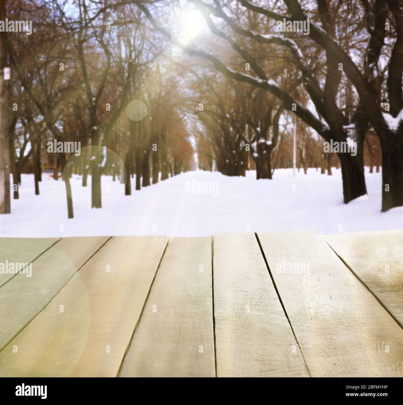 Beautiful winter background with shabby table Stock Photo