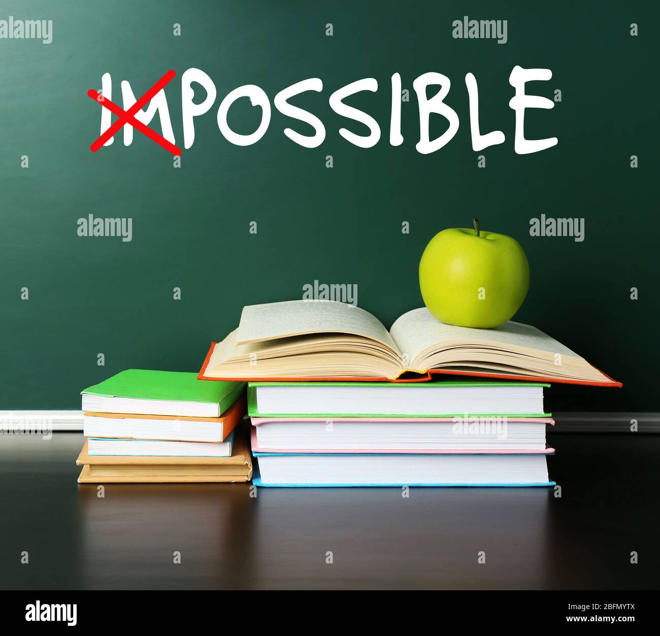 Word impossible transformed into possible on blackboard and textbooks Stock Photo