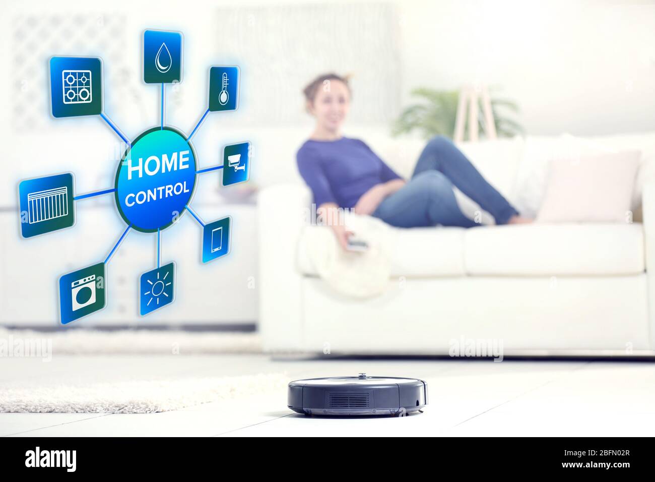 Using smart home app on phone. Smart home control concept. Stock Photo