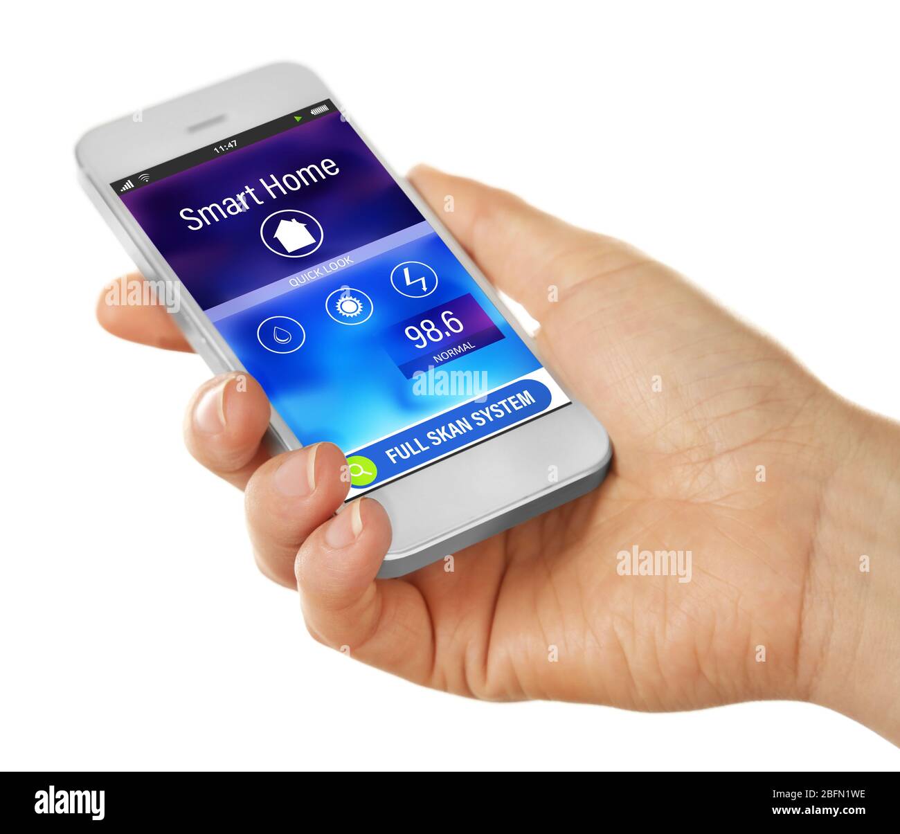 Smart home app installing on phone in hand. Smart home control concept. Stock Photo