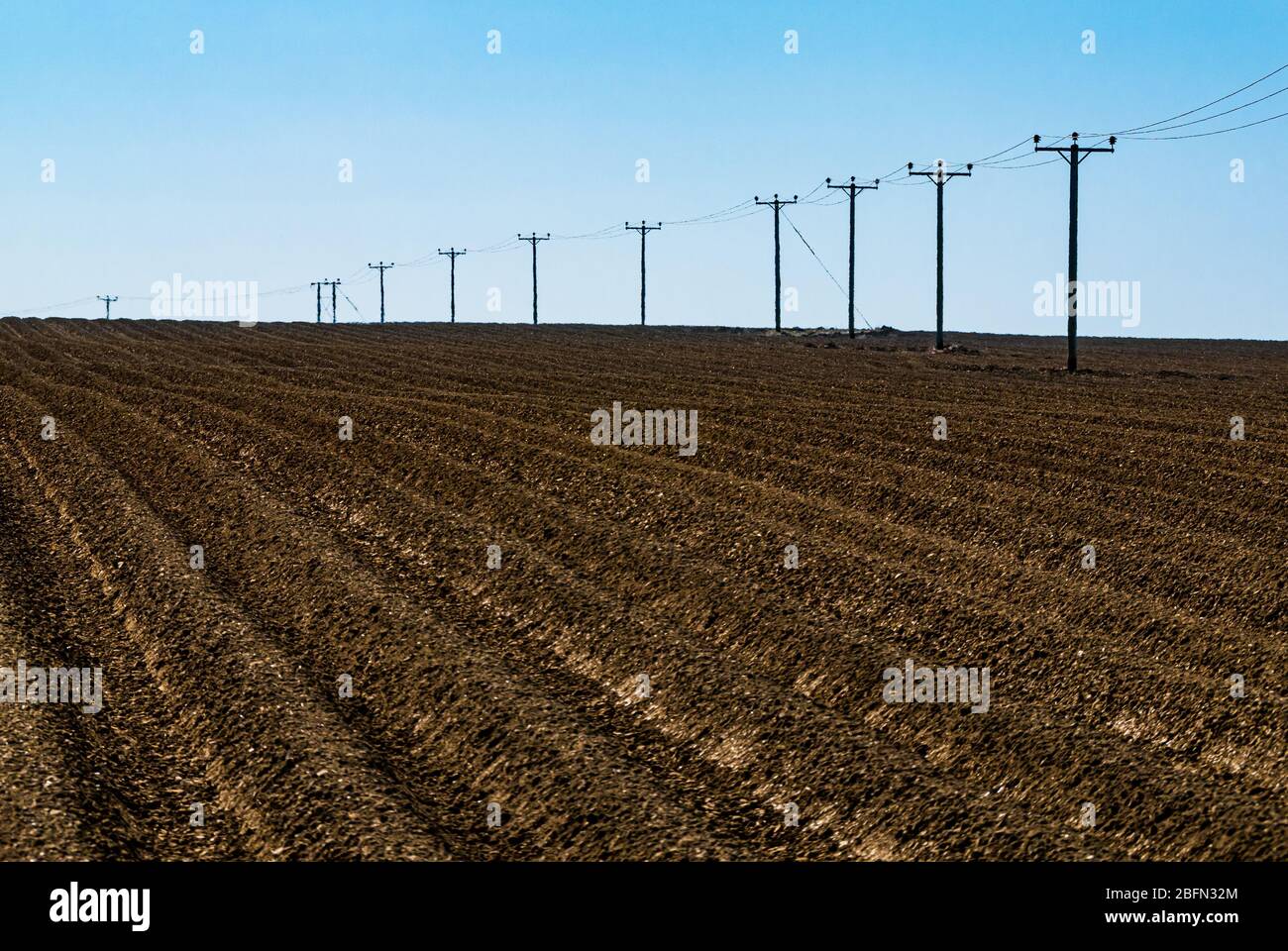 Atmospheric view of ploughed field with ridges and electricity cable poles leading away into the distance, East Lothian, Scotland, UK Stock Photo