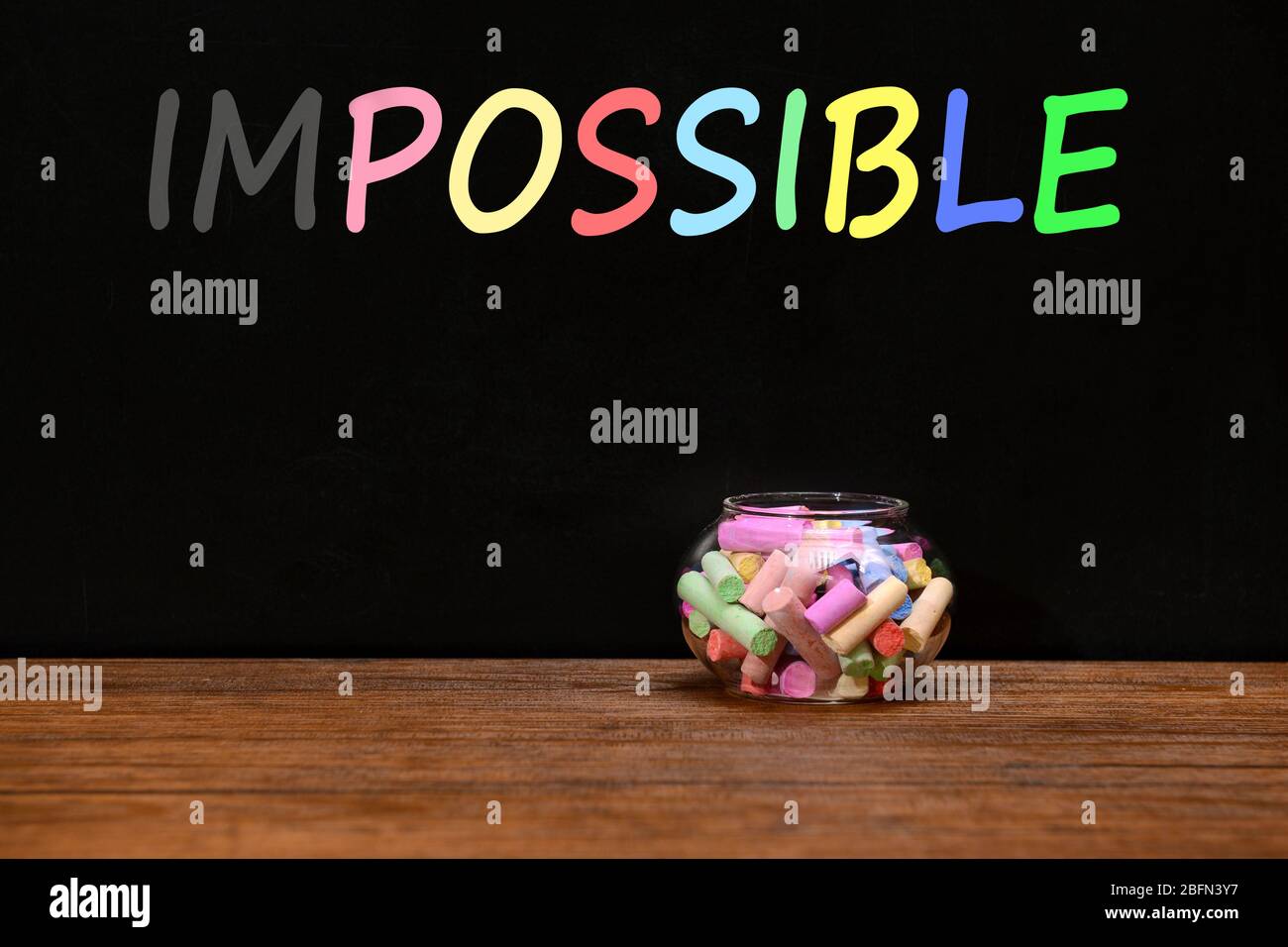 Word impossible transformed into possible on blackboard Stock Photo