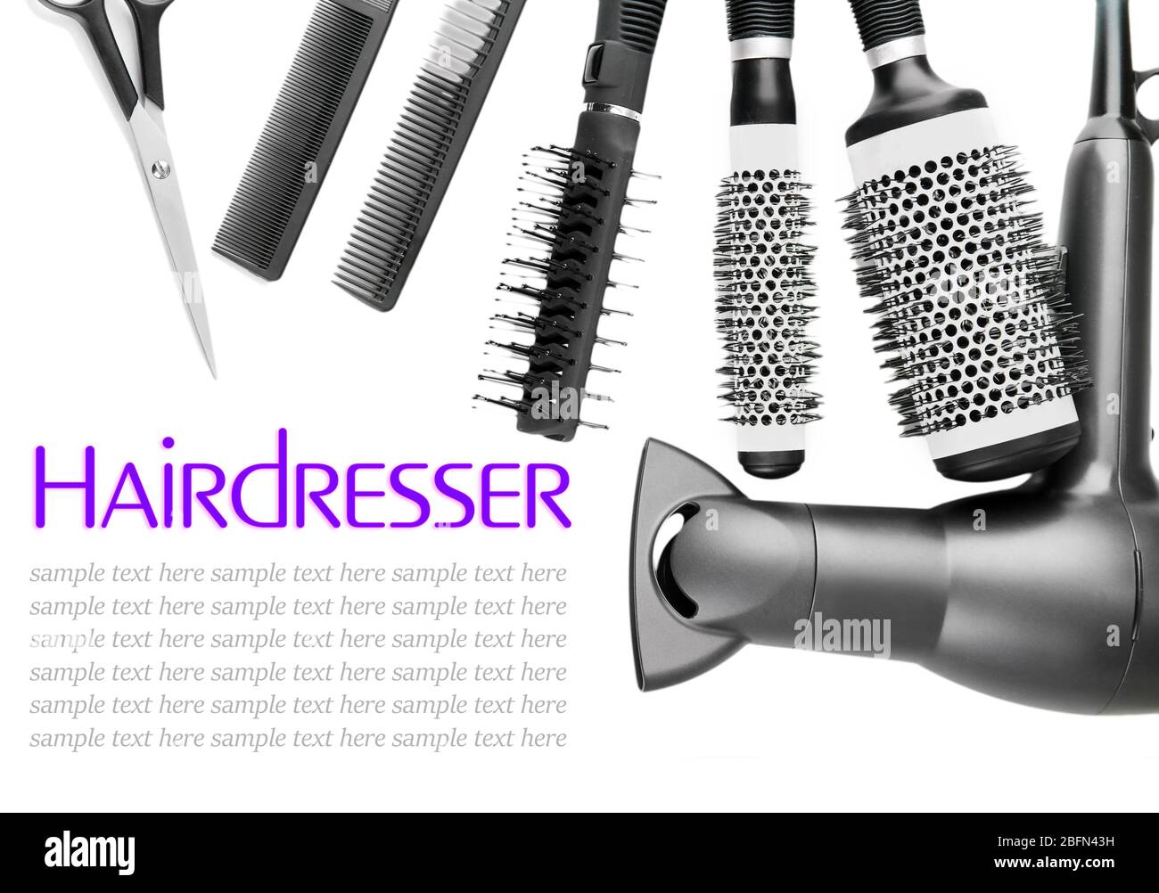 Comb brushes, hairdryer and cutting shears, isolated on white Stock