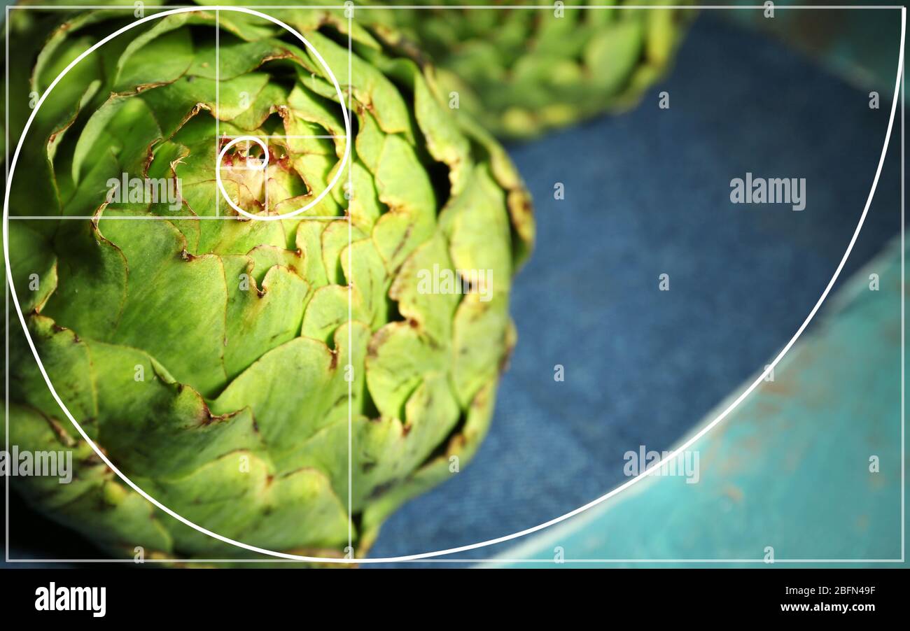 Artichokes on color wooden background. Golden Ratio concept Stock Photo