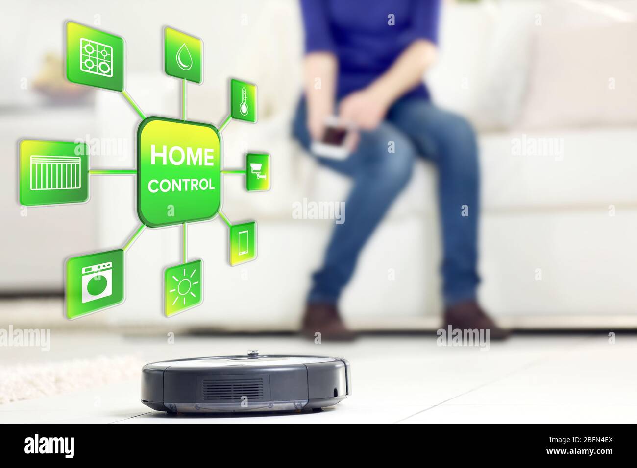 Using smart home app on phone. Smart home control concept Stock Photo ...