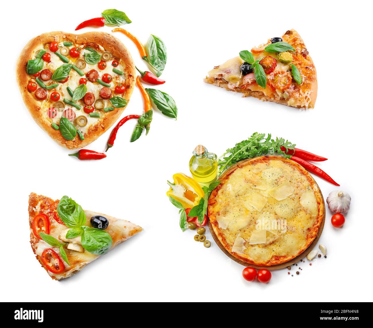 Collage of different pizzas isolated on white Stock Photo