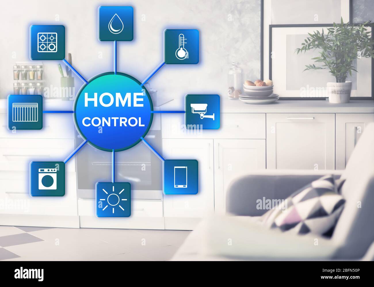 Smart home control concept. Modern kitchen interior with white ...
