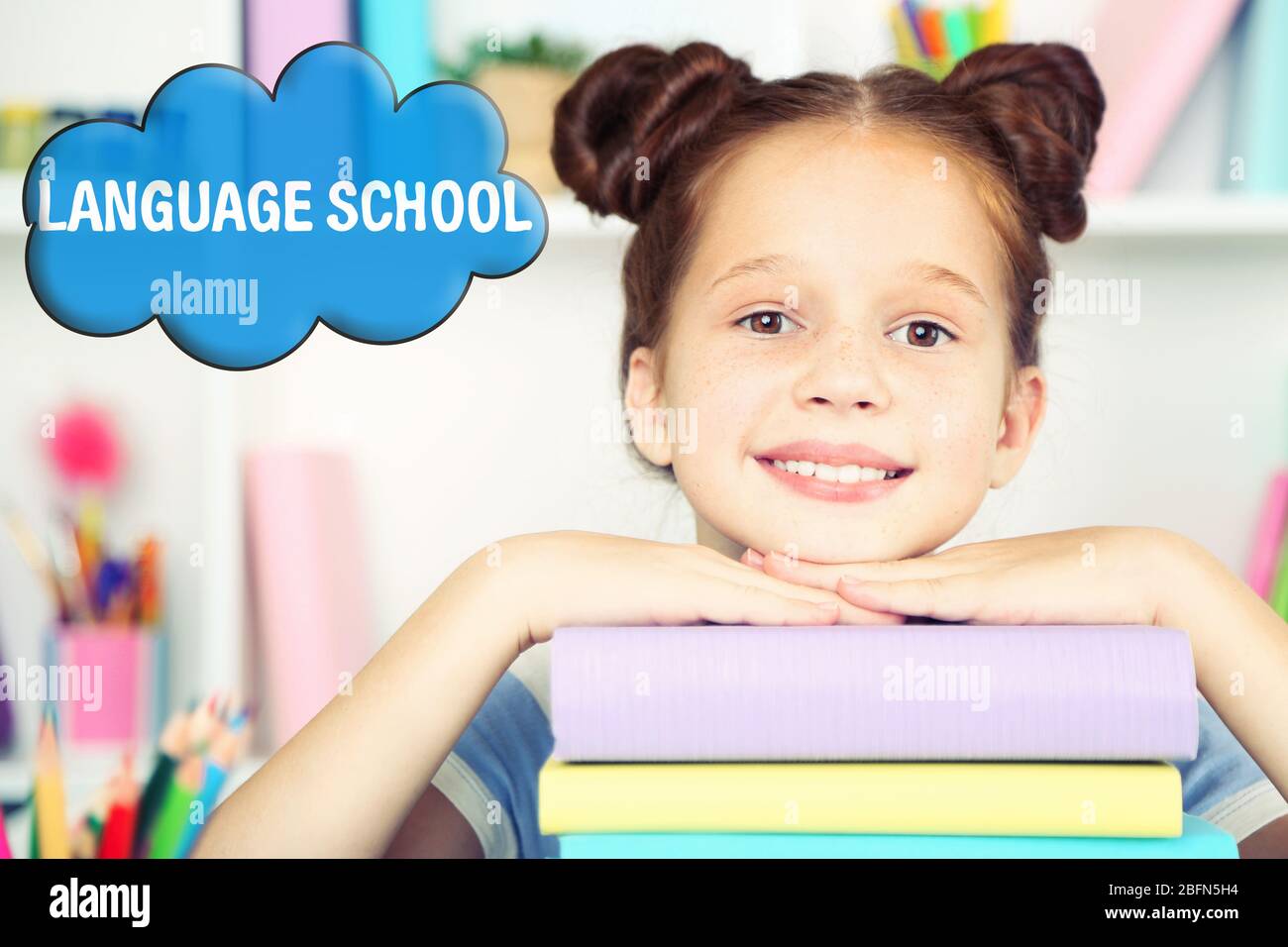 Language school concept with schoolgirl Stock Photo Alamy