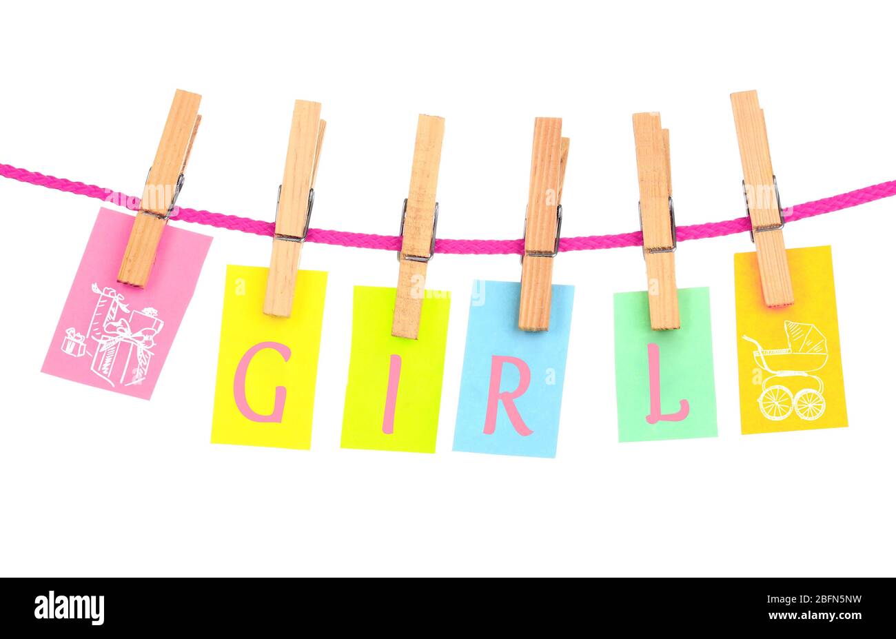 Colorful word hang on rope by wooden peg isolated on white. Baby ...