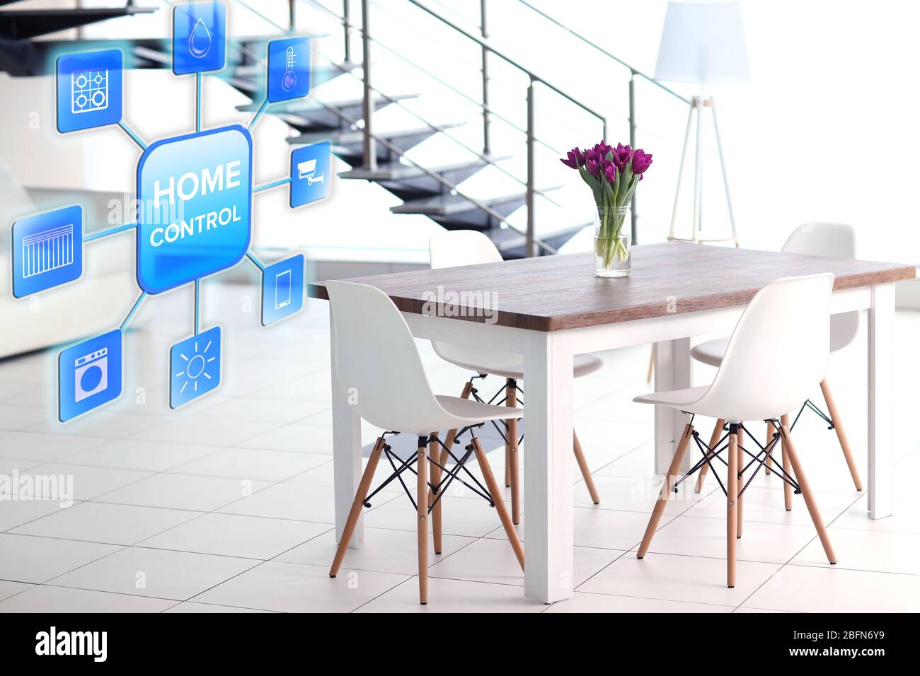 Smart home control concept. Room interior with table and chairs Stock ...