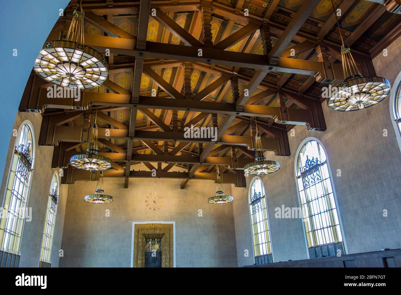 Ceiling and chandeliers in Union Station, Los Angeles, California, USA Stock Photo