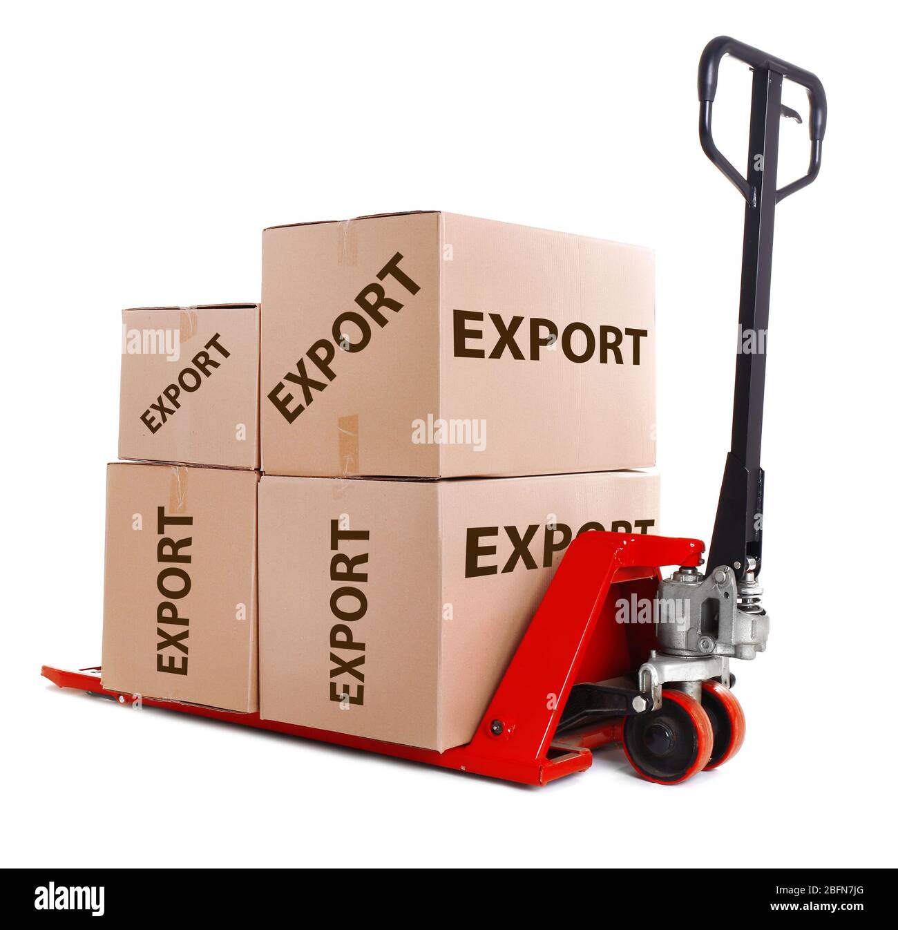 Fork pallet truck with carton boxes and text Export isolated on white Stock Photo