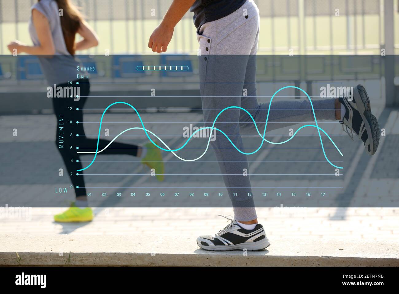 Closeup of people legs jogging at park. Graphic of training results. Health  care and sport concept Stock Photo - Alamy