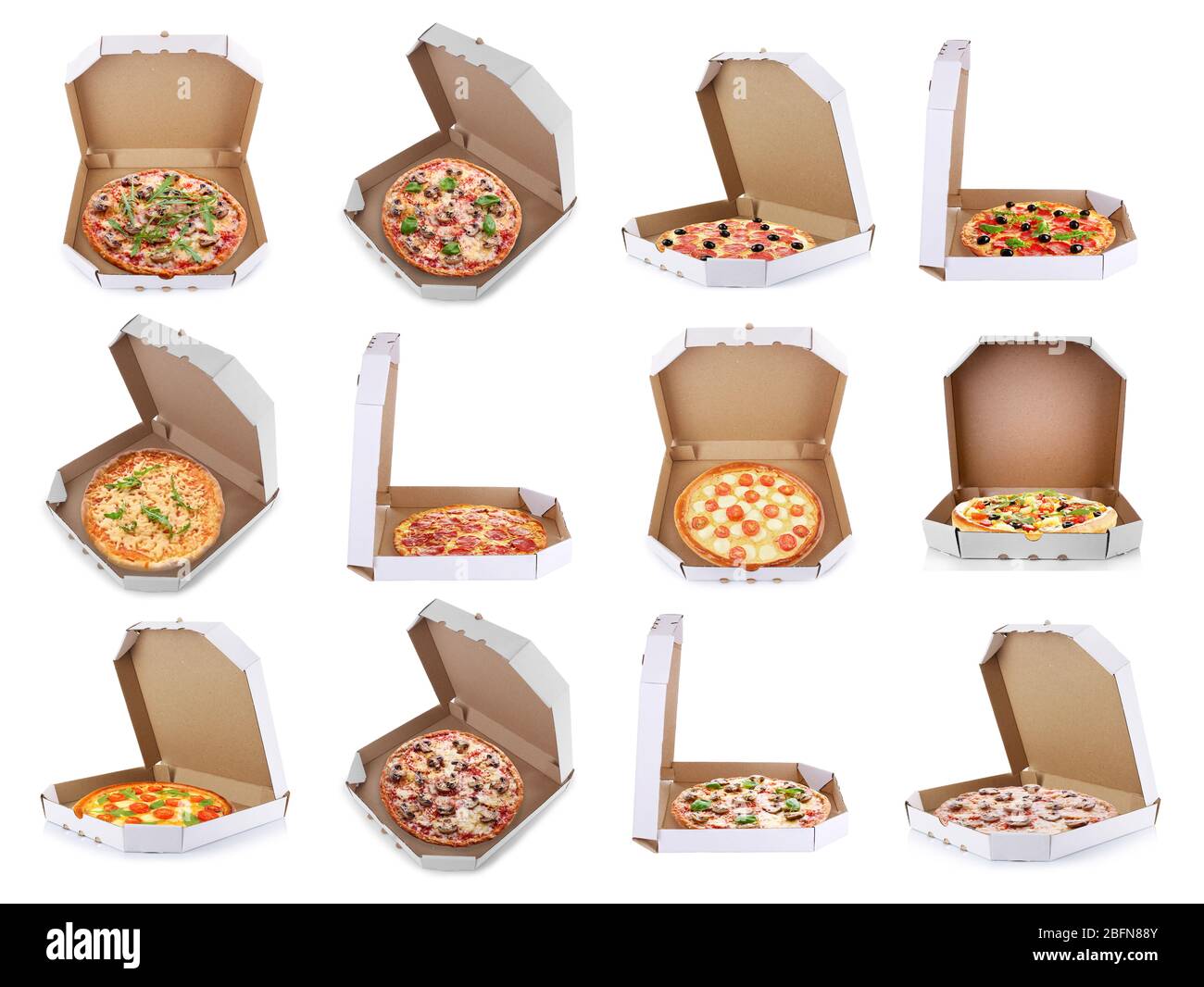 Set of delicious pizzas in delivery boxes on white background Stock