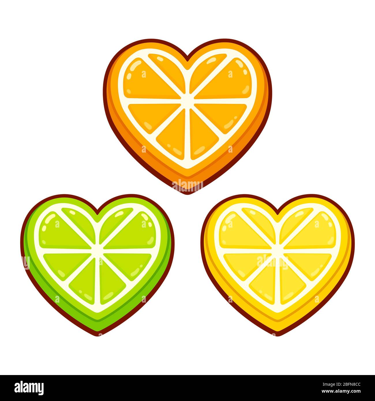 Stylized cartoon citrus fruit in heart shape. Orange, lemon and lime color. Cute fruit love symbol, vector illustration. Stock Photo