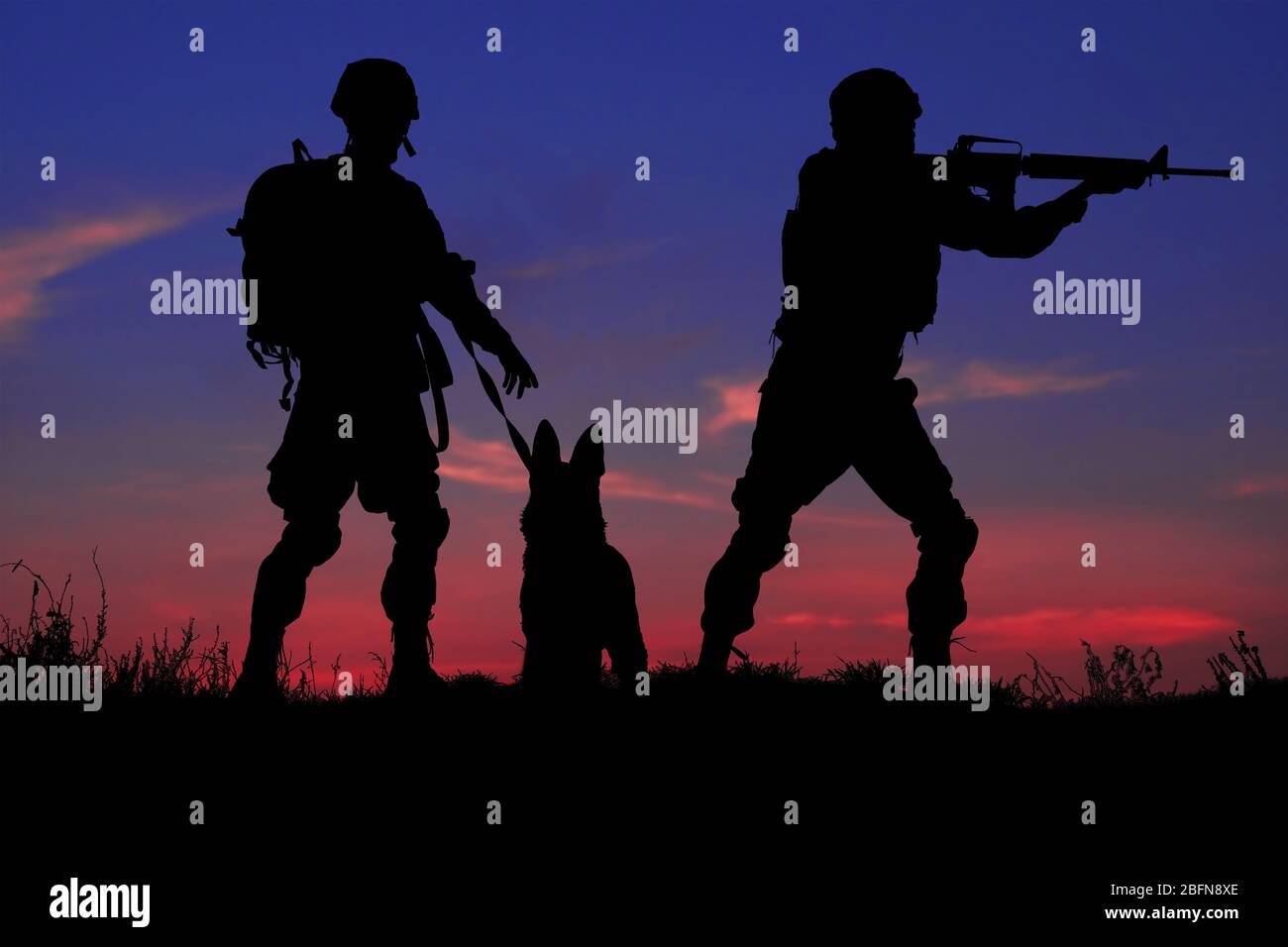 Silhouettes of soldiers and dog on sunset background. Military service concept. Stock Photo