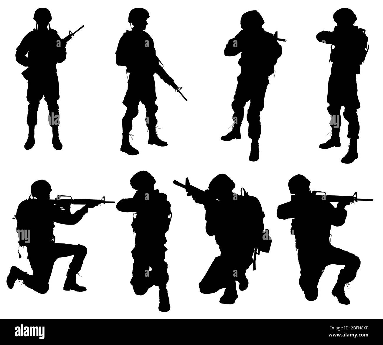 Silhouettes of soldiers on white background. Military service concept. Stock Photo