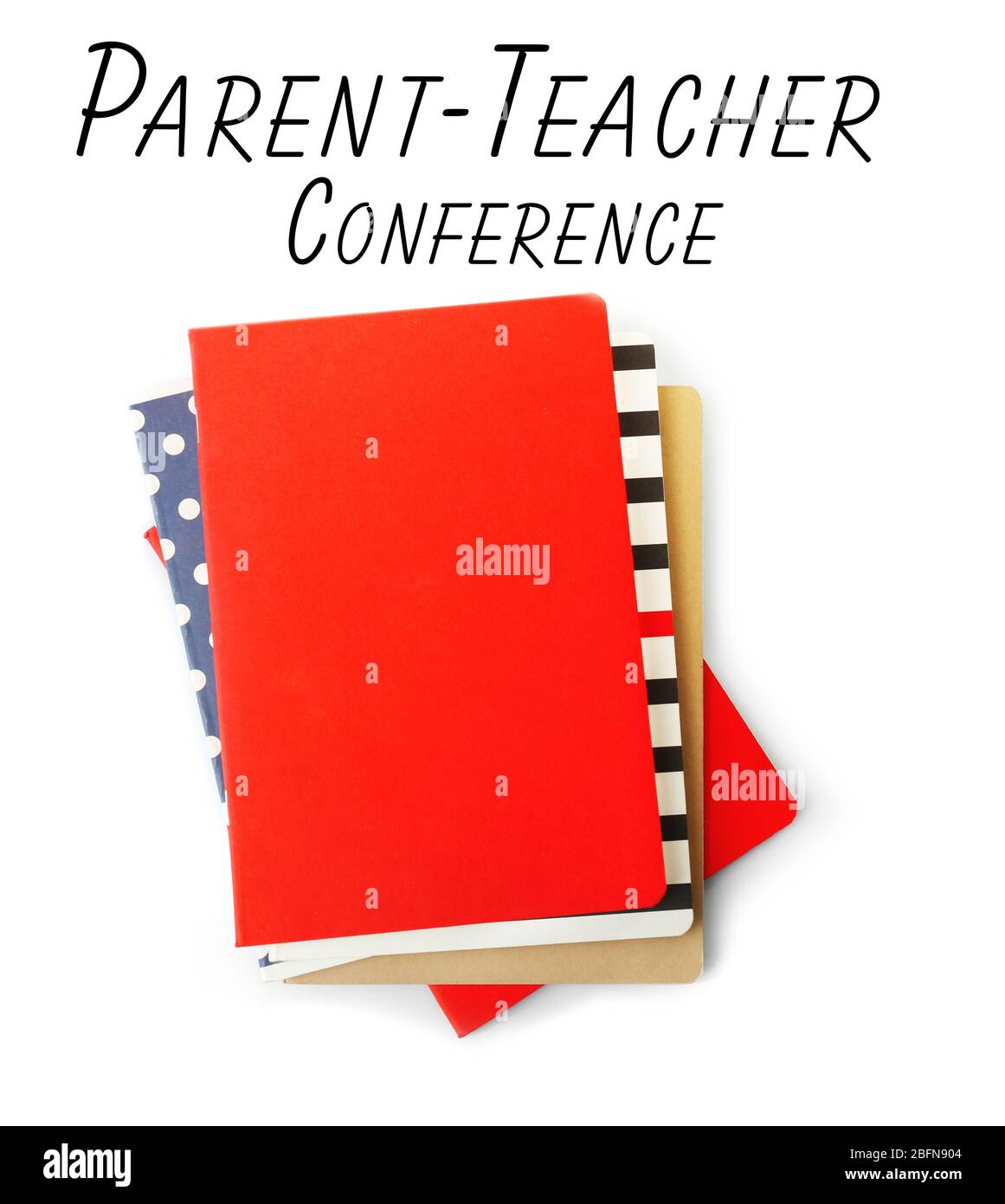 Stack of notebooks with text PARENT-TEACHER CONFERENCE on white background. School concept. Stock Photo