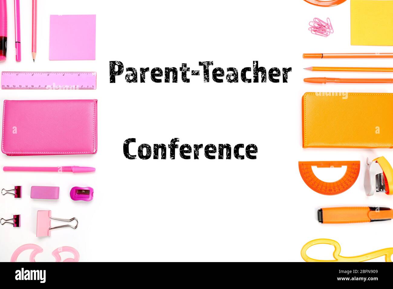 Text PARENT-TEACHER CONFERENCE with stationary on white background. School concept. Stock Photo