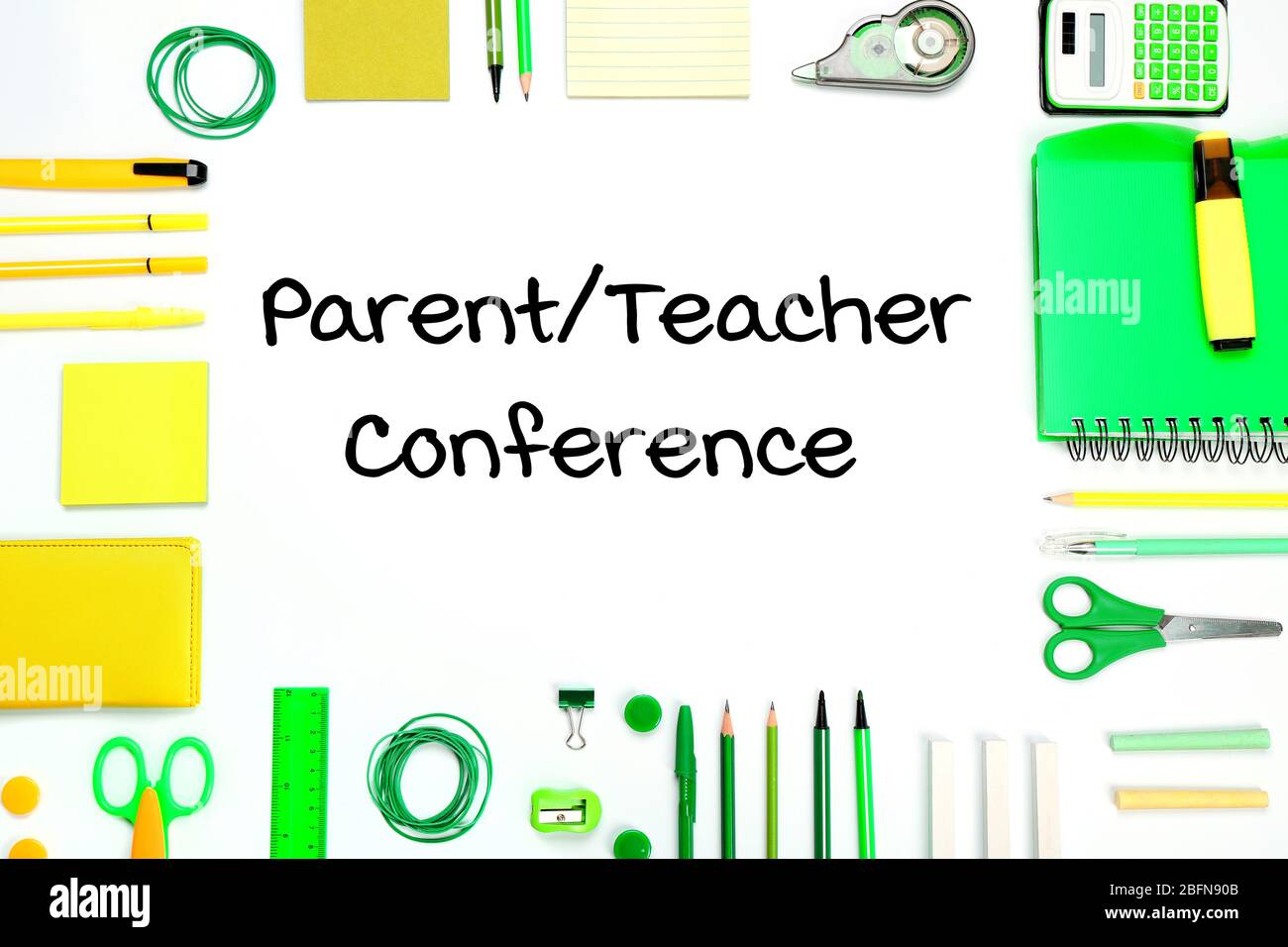 Text PARENT/TEACHER CONFERENCE with stationary on white background. School concept. Stock Photo