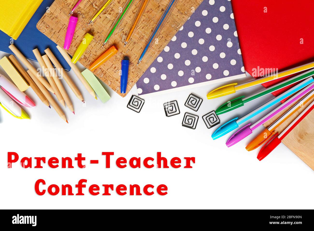 Text PARENT-TEACHER CONFERENCE and stationery on white background. School concept. Stock Photo