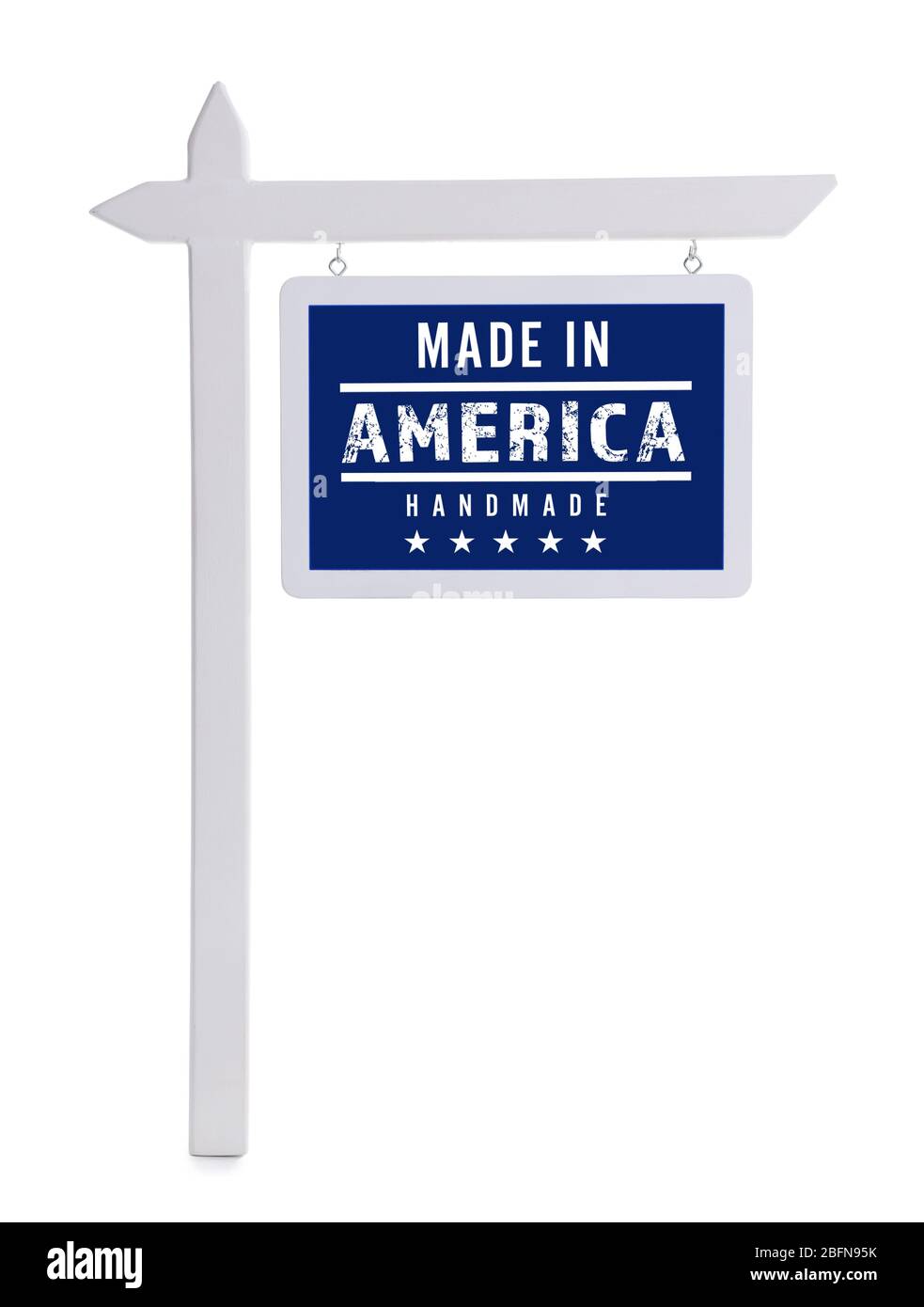 Signboard with text MADE IN AMERICA HANDMADE on white background. Manufacturing quality concept. Stock Photo