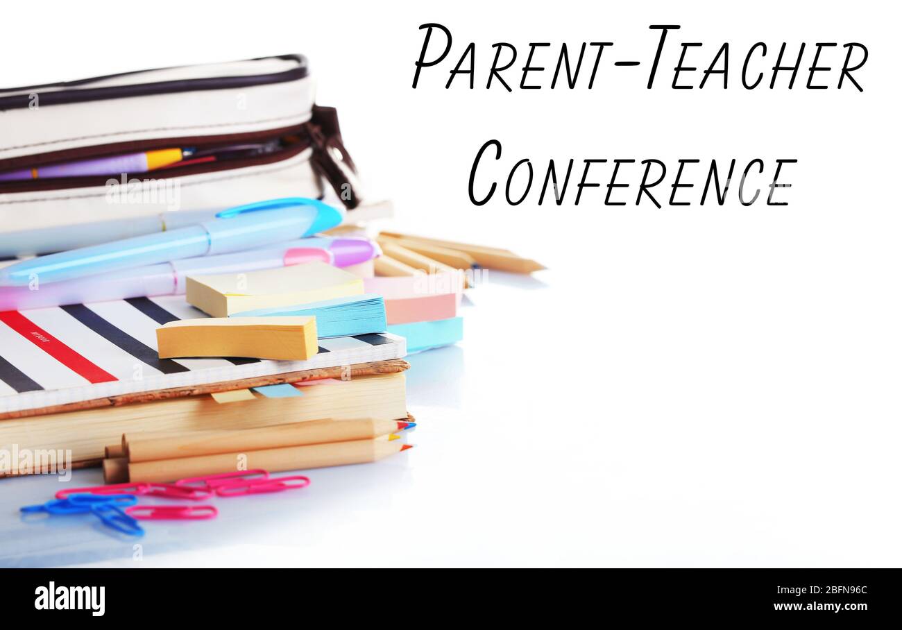 Stationary with text PARENT-TEACHER CONFERENCE on white background. School concept. Stock Photo