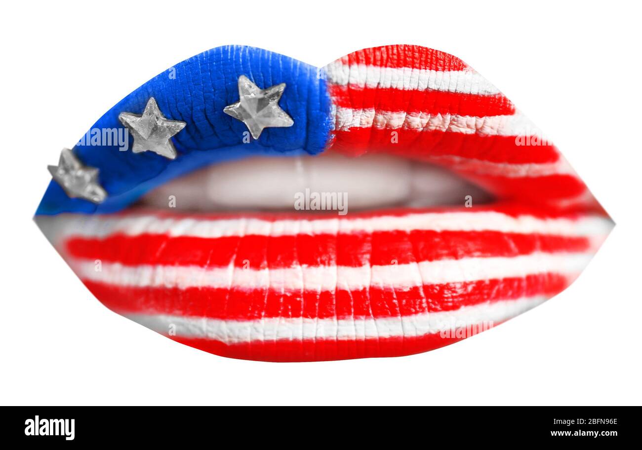 Female lips with creative USA flag makeup on white background Stock