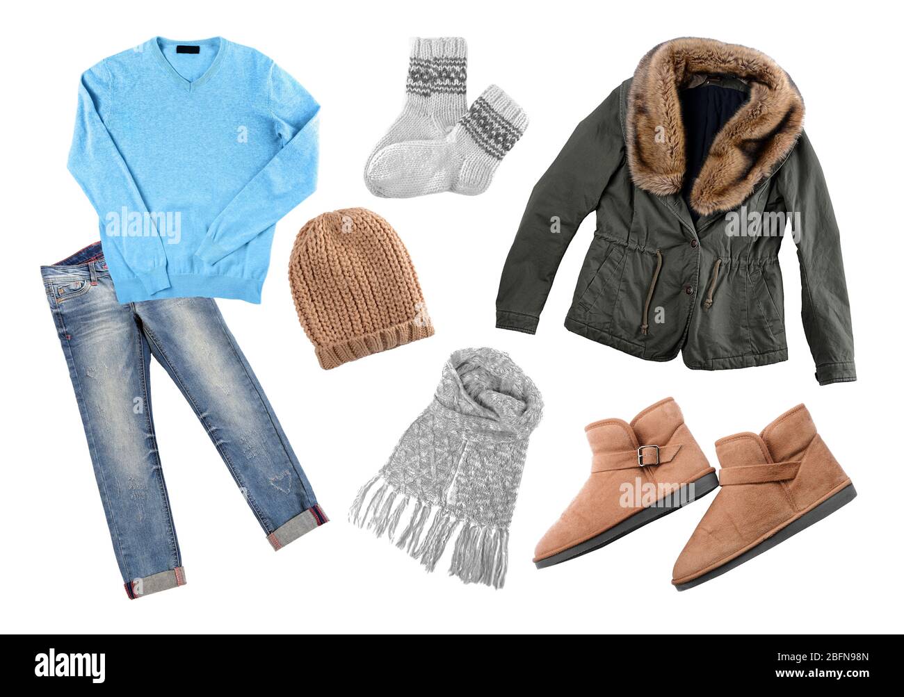 Set of stylish winter clothes on white background. Style and fashion concept Stock Photo Alamy