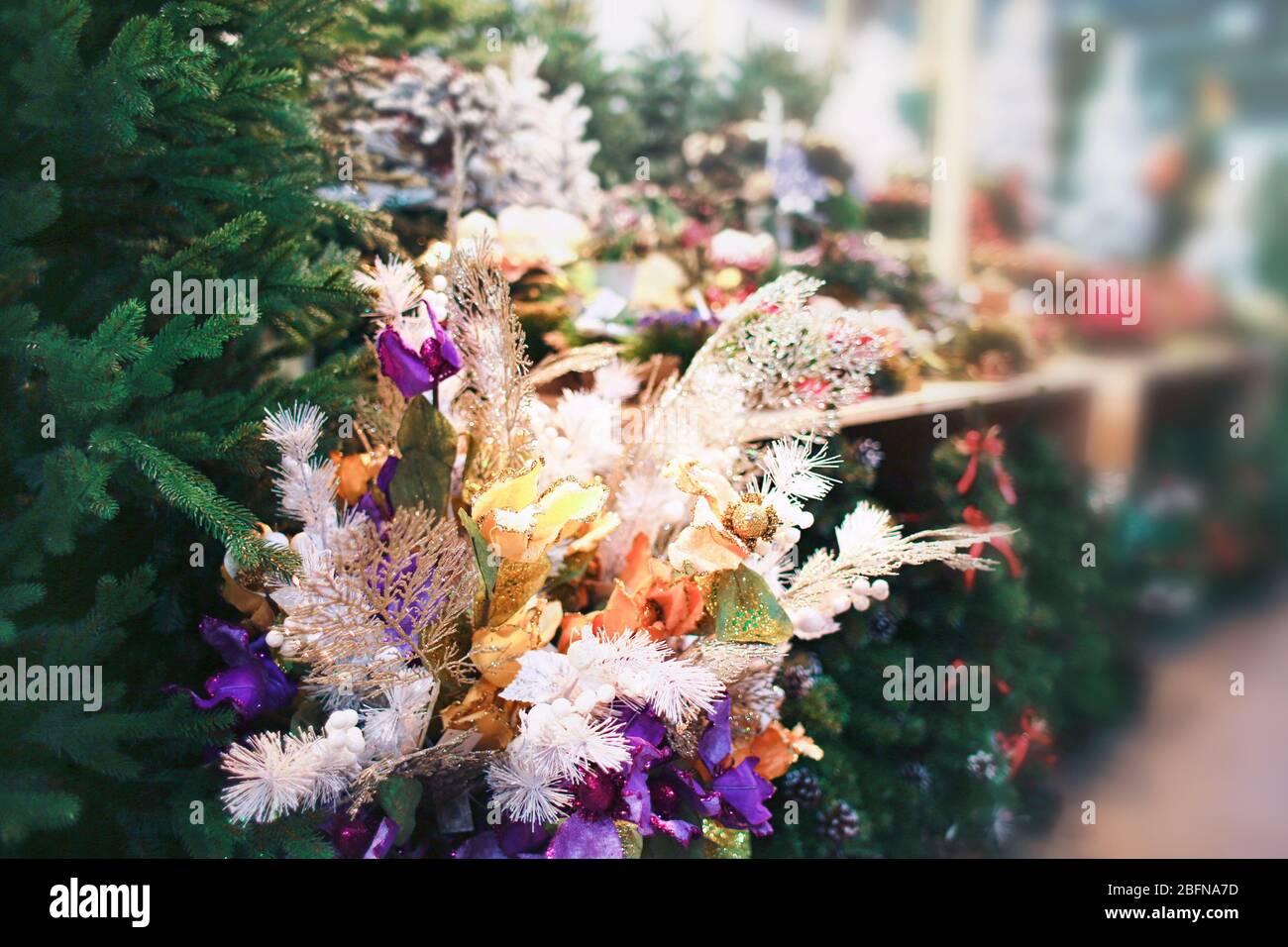 Bright Christmas decoration at warehouse. Christmas retail and