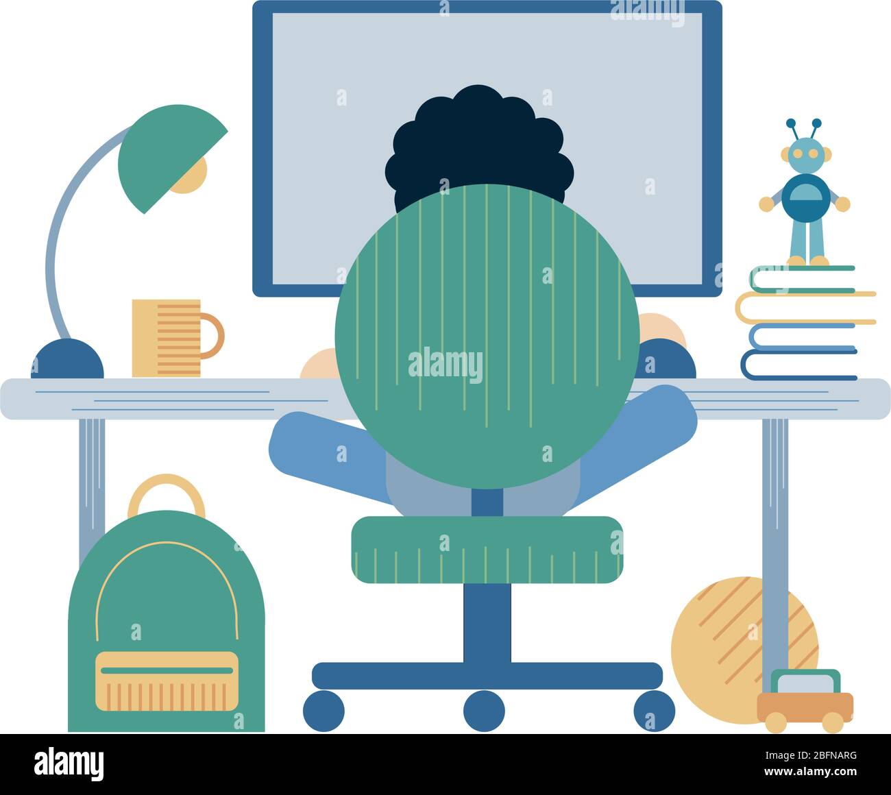 A vector illustration of a kid studying and doing his homework in his bedroom at home Stock Vector