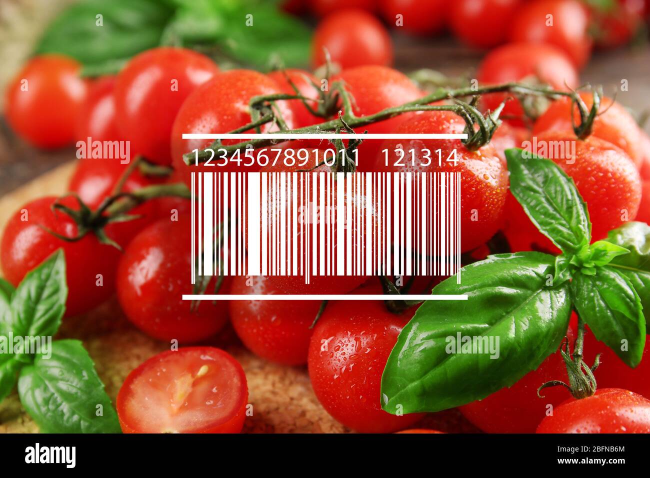 Barcode on tomatoes background. Wholesale and retail concept Stock