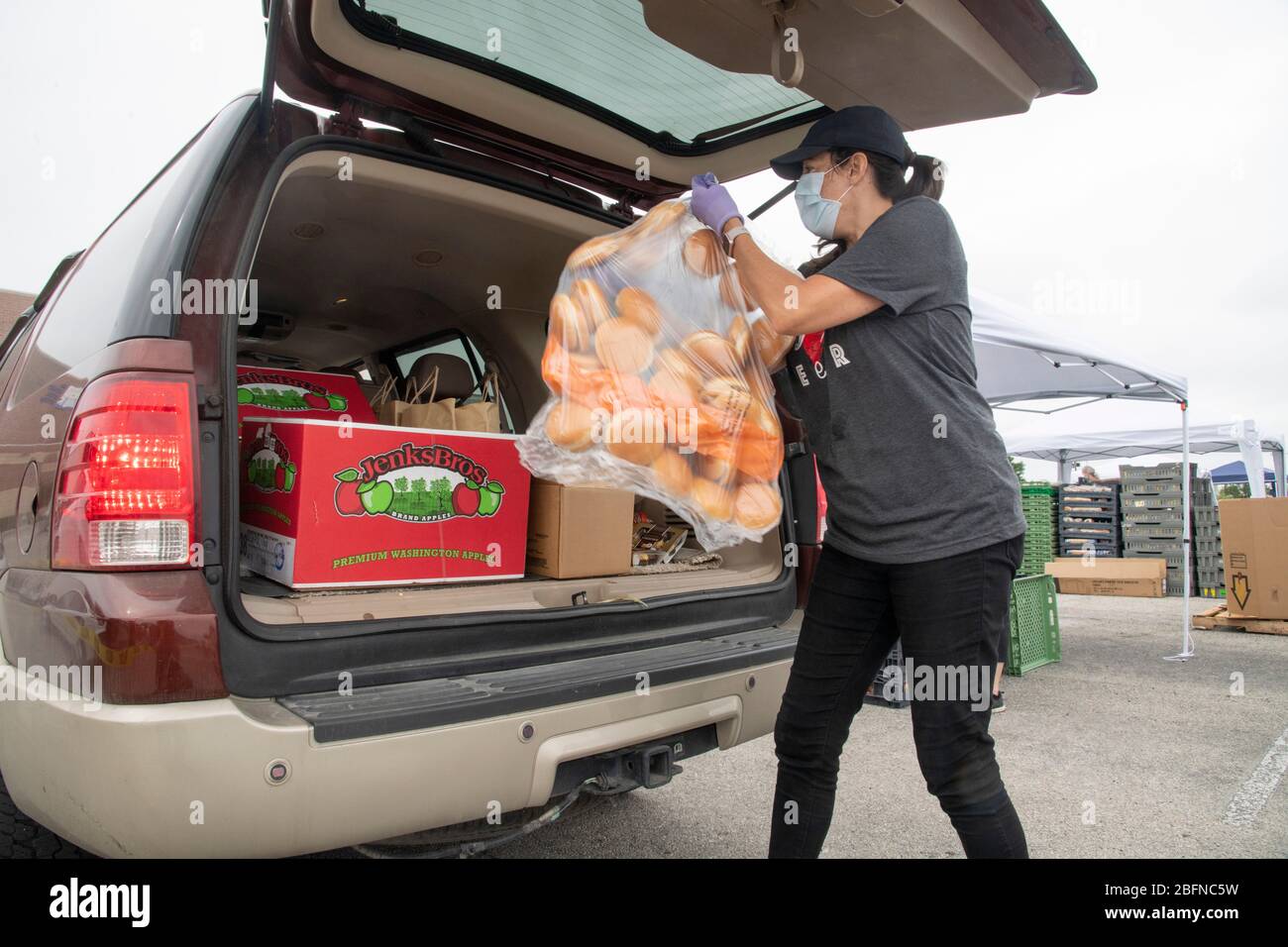 USDA Food and Nutrition Service and San Antonio Food Bank distributes food aid to families suffering from the effects of the COVID-19, coronavirus pandemic at the Alamodome April 17, 2020 in San Antonio, Texas. Stock Photo